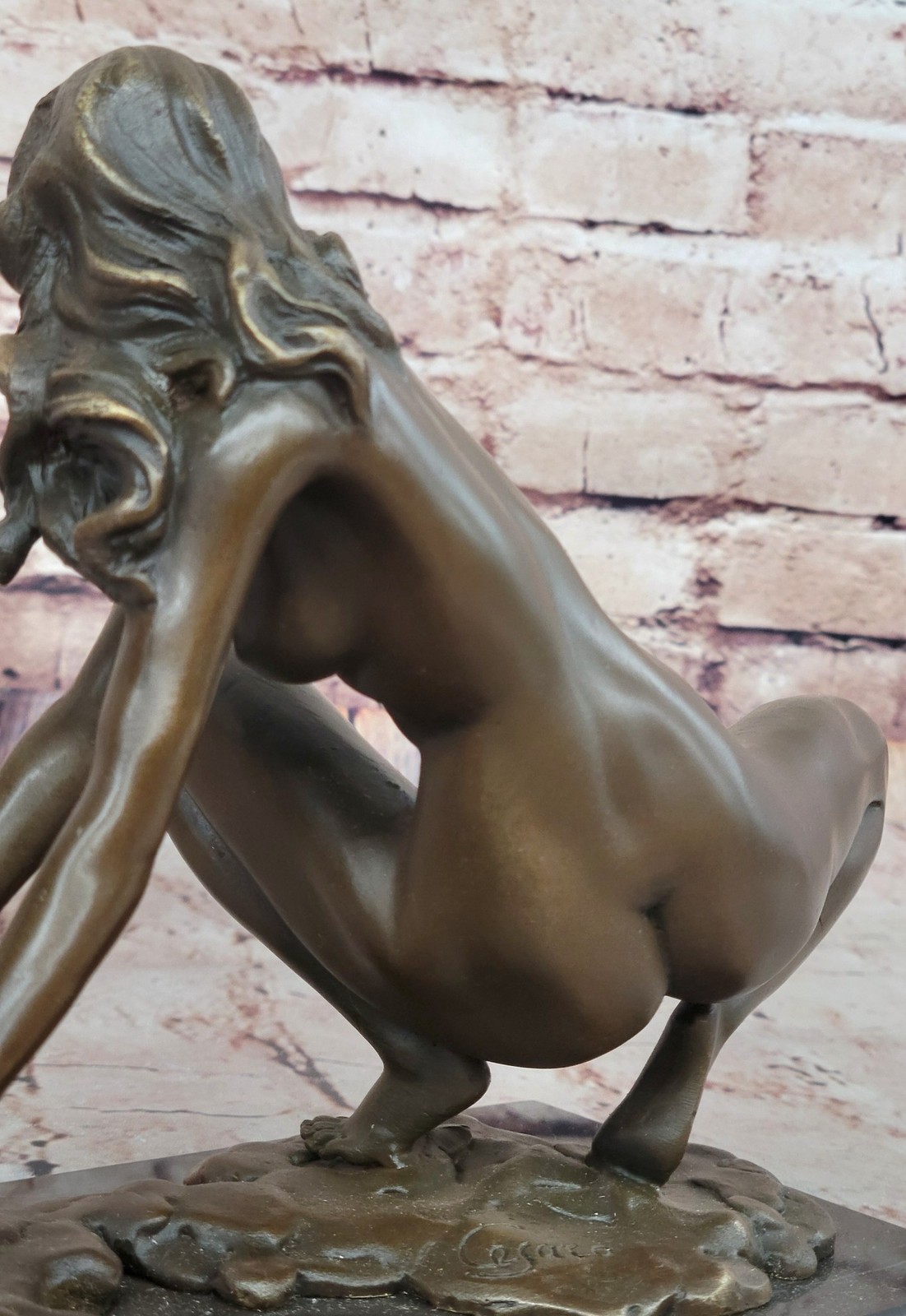 Signed Original Abstract Modern Art Nude Woman Stretches her Body Bronze Figure