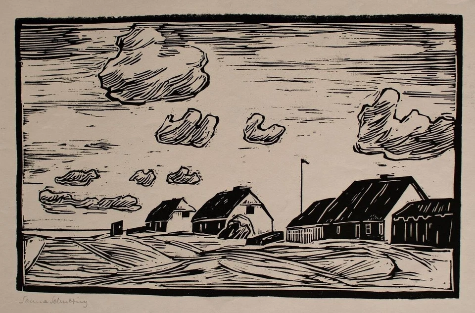 Sanna Schubring Dorfansicht Küste Expressionismus sign Holzschnitt Anfang 20 Jh - Bild 2 von 3