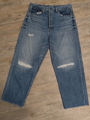 Etica Sustainable Distressed Cropped Wide Leg Jeans Button Fly Raw Hem Size 31