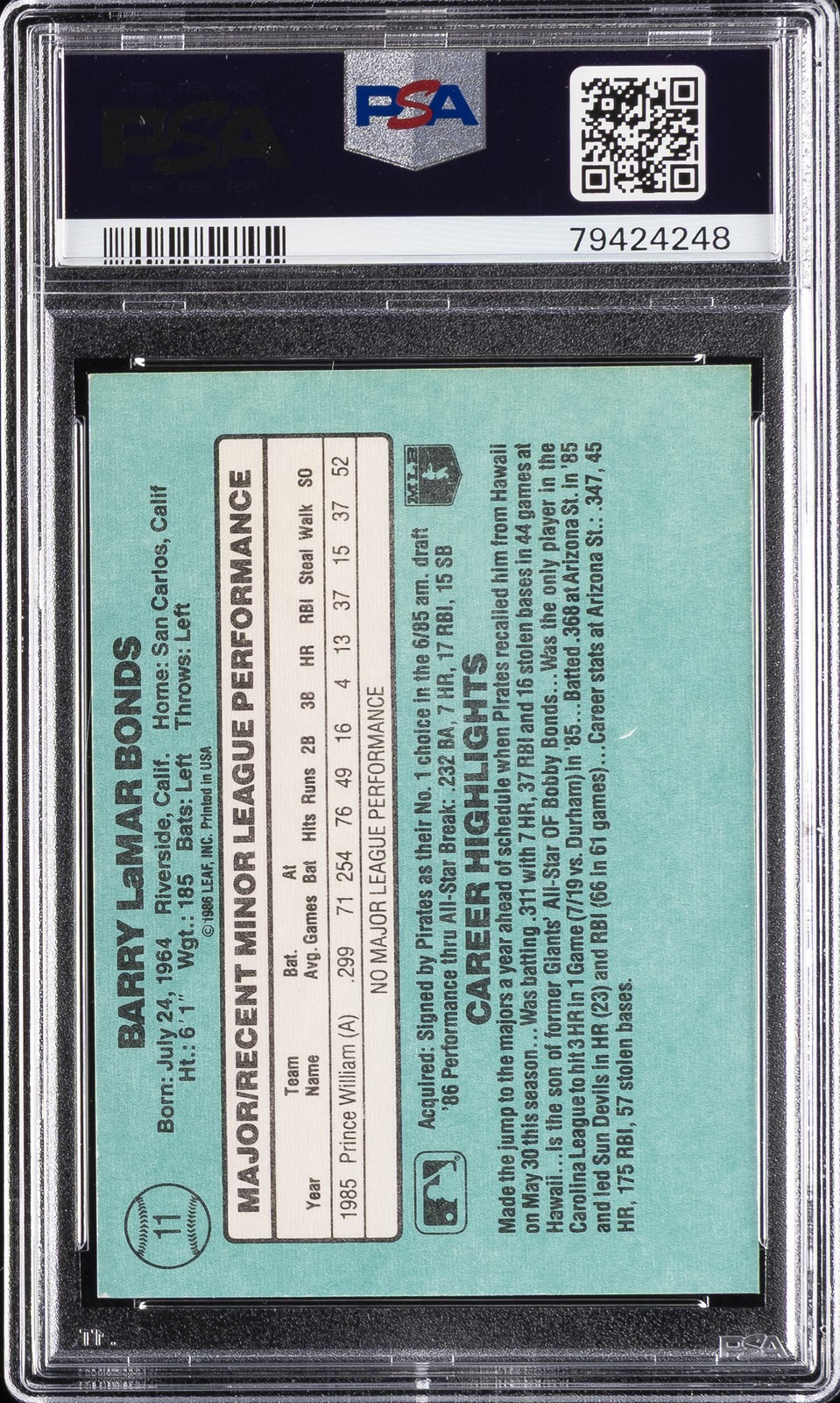 1986 DONRUSS ROOKIES #11 BARRY BONDS ROOKIE RC PSA 8 view 2
