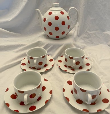 Tea Set Red Polka Dots Designer Rosanna White Ceramic #18323