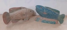 2x Carved Wooden Fish Ornaments Figurines Blue Natural Charity Sale