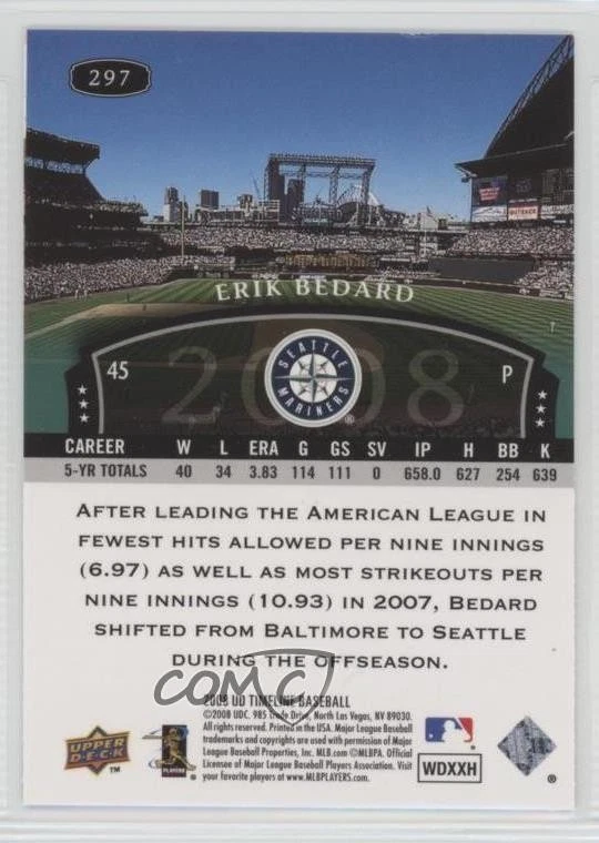 2008 Upper Deck Timeline Erik Bedard #297 - Image 2 of 2