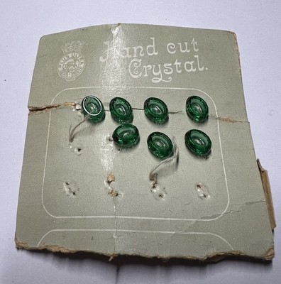 Vintage Plus Ultra Green Oval Hand Cut Crystal Buttons Lot of 7 on Card