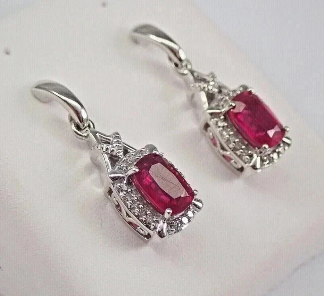 3 Ct Cushion Cut Lab-Created Red Ruby Dangle Drop Earrings 14K White Gold Plated - Image 2 of 4