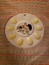 Vtg Deviled Egg Plate Hand Painted Rooster Chicken Hen Holds 10 Eggs Farmhouse