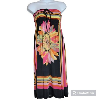 Women's L Smocked Halter Bright Multi-Color Flower Burst Midi Dress EUC |  eBay