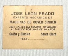 JOSE LEON PRADO Singer Sewing Machines Expert Santa Clara Cuba Business Card Vin
