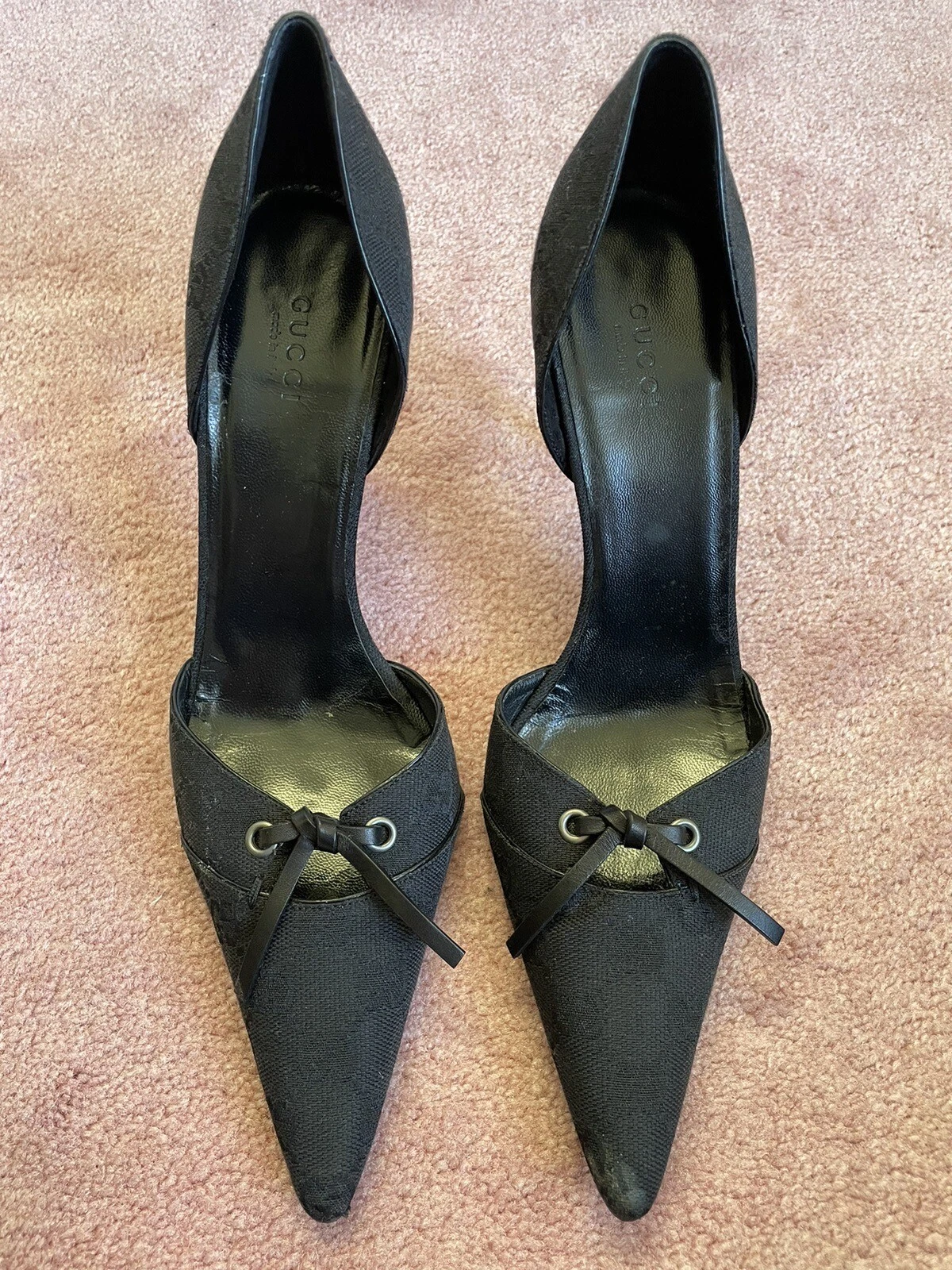 Authentic GUCCI Vintage Black GG Monogram Canvas Leather D'ORSAY Heel Pumps 8.5