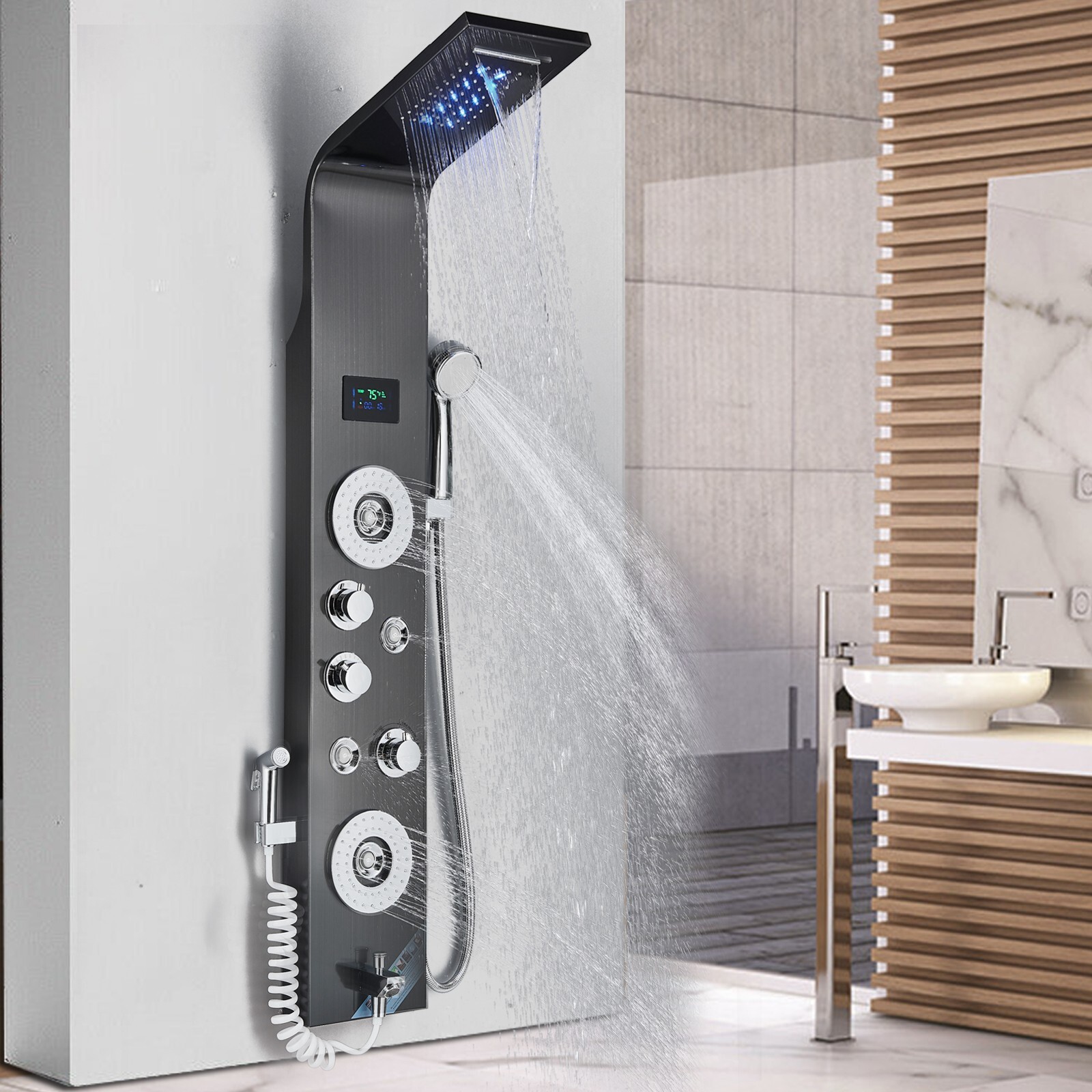 LED Rain&Waterfall Shower Panel Tower Massage Jet W/Hand Spray Oil-Rubbed Bronze