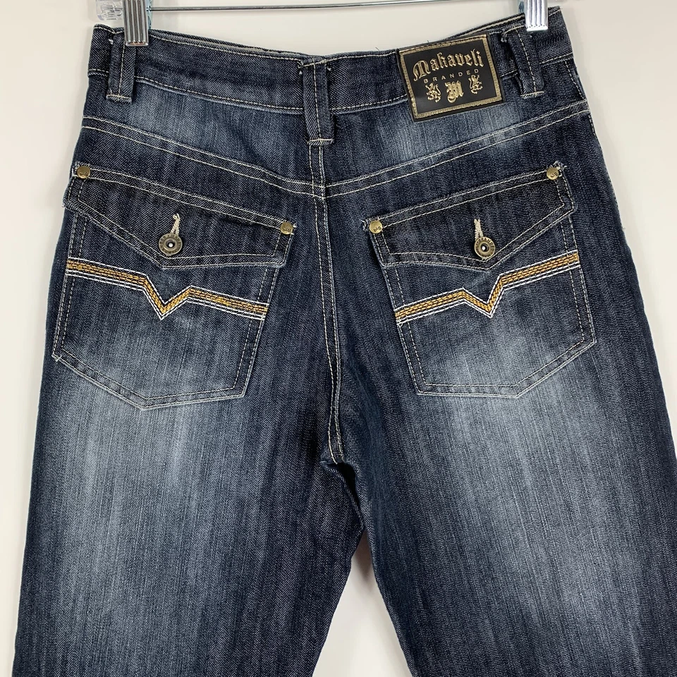 Pantalones de mezclilla Makaveli juveniles talla 18 ajustados rectos tiro medio lavado oscuro solapas de bolsillo Foto 3 de 4
