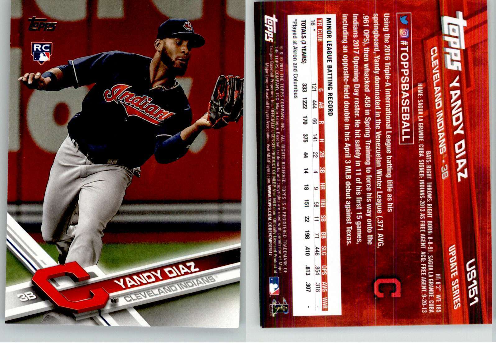 Yandy Diaz 2017 Topps Update US151 Indians Rays RC Rookie