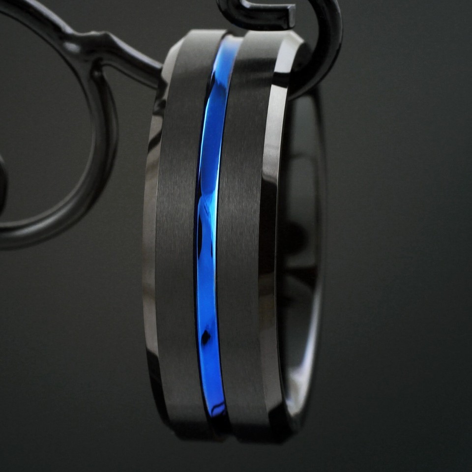 Black Tungsten Carbide Thin Blue Line Wedding Band Ring-Police Law ...