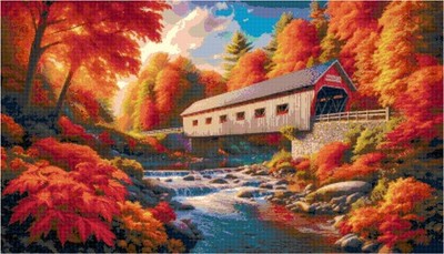 Fall Scene Covered Bridge 14 Count Needlepoint Cross Stitch Pattern
