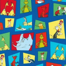 Dr. Seuss Favorite Characters- Blue, sold in 1/2 yard increments