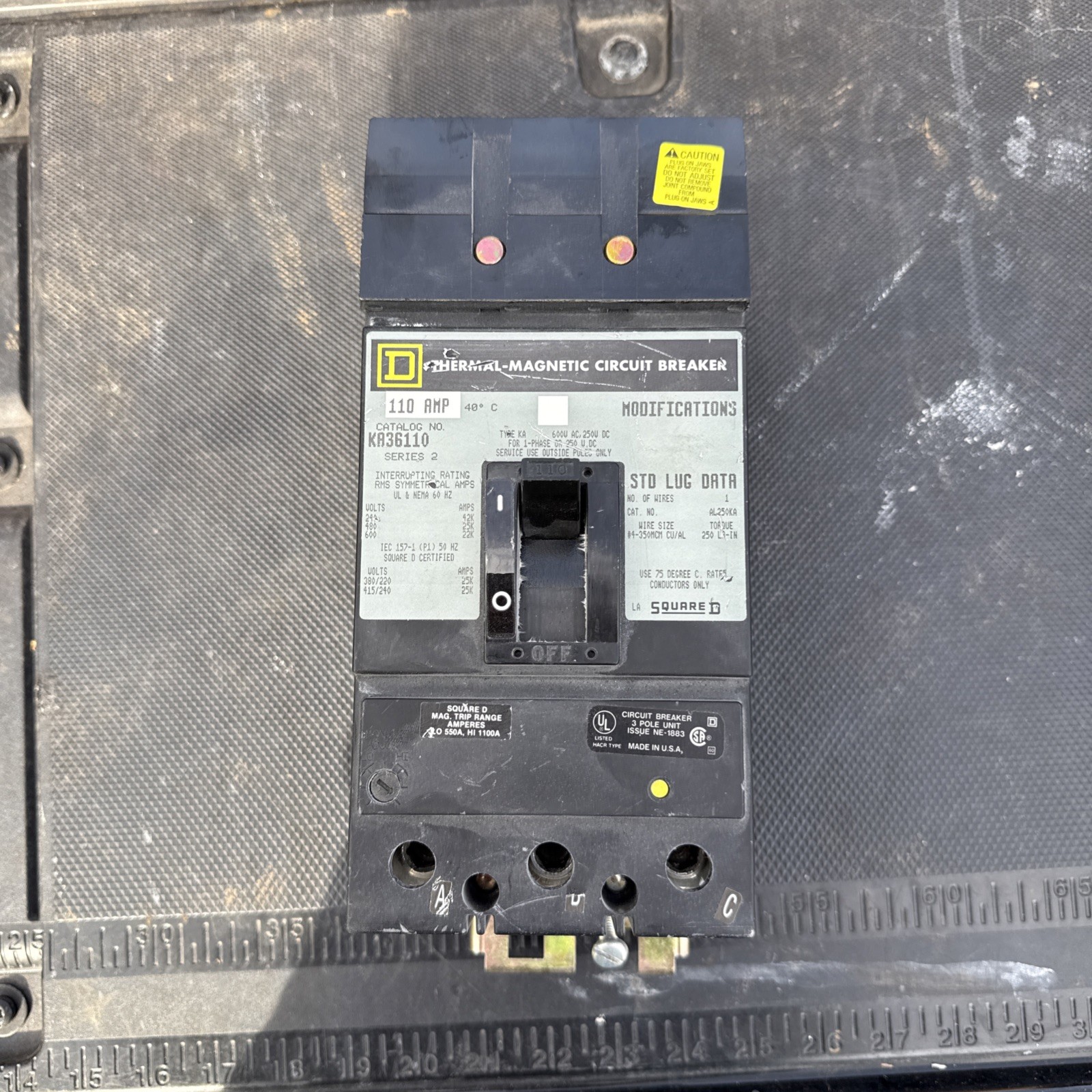 Square D 110Amp Thermal-Magnetic Breaker 250Vdc 600Vac 3 Pole I-Line Ka36110