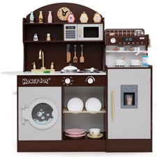 Kids Kitchen Set Wooden Kitchen Playset w/ Clock, Microwave, Sink, Dish Rack
