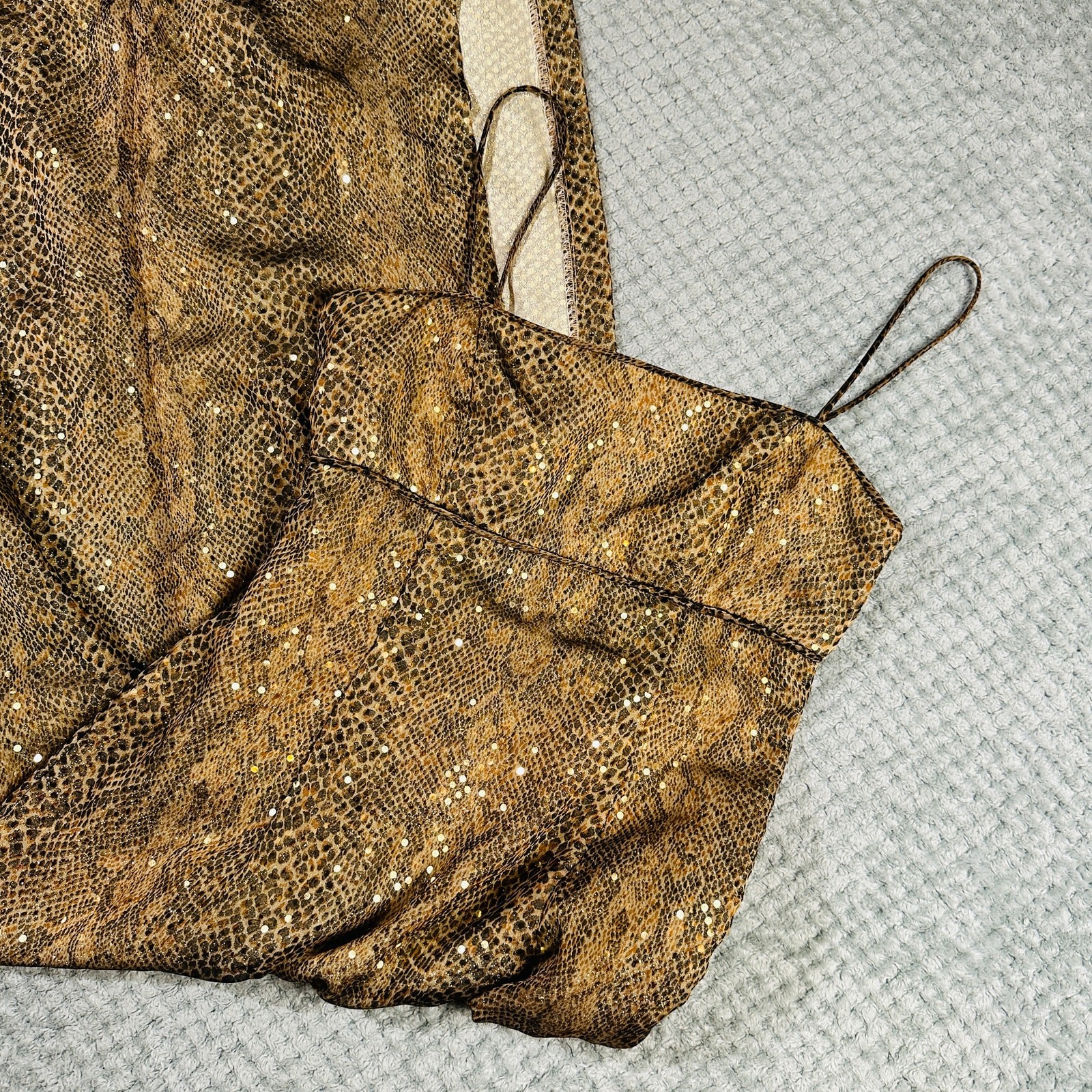 Vintage Y2K Gold snakeskin print square neck maxi formal dress sparkly glittery