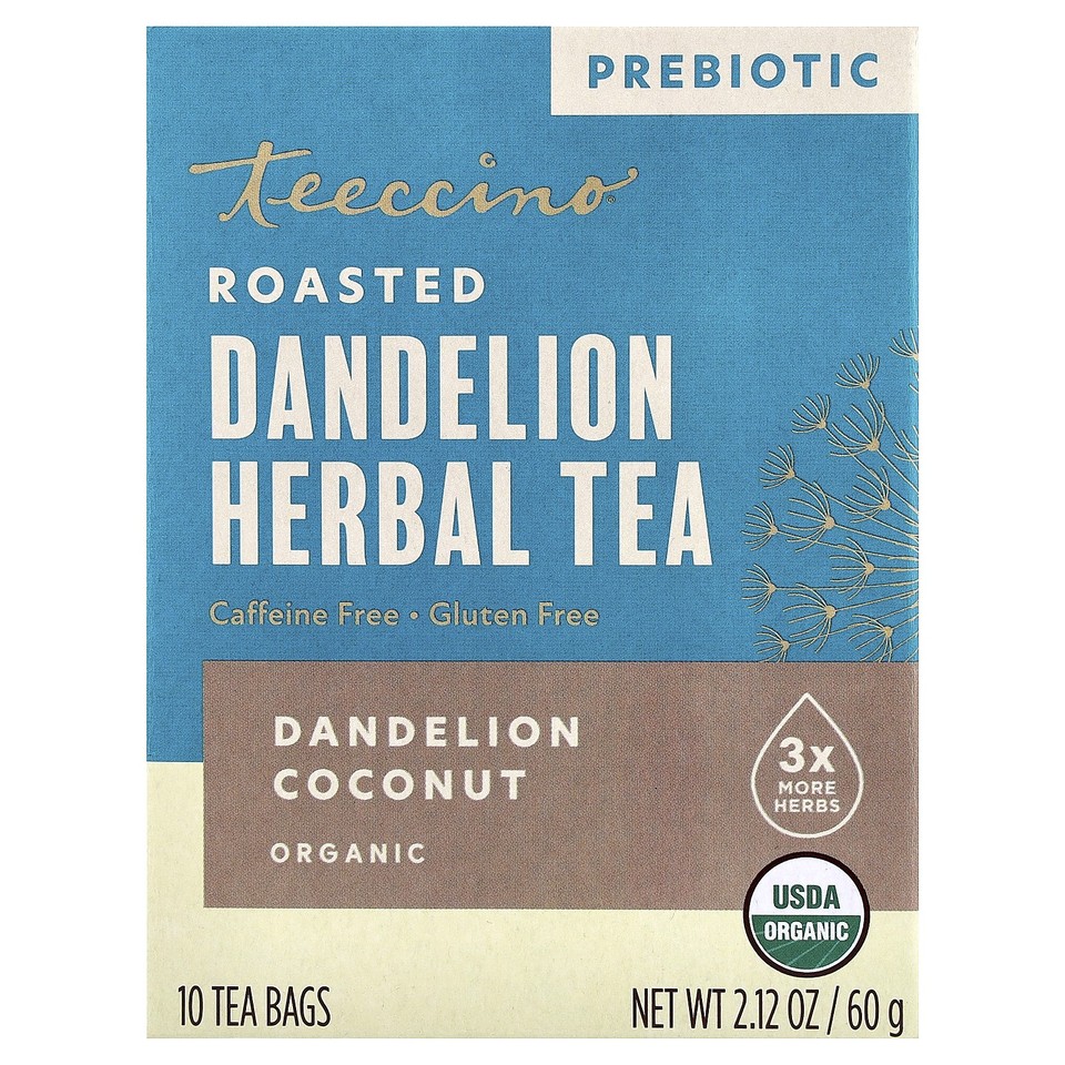 Organic Roasted Herbal Tea, Dandelion Coconut, Caffeine Free, 10 Tea Bags, 2.12