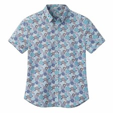 Ricky Singh DENIM  FLOWER Mens SS Button Down Shirt Blue Geometric Print Small