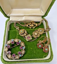 Goldette Style Victorian Revival Goldtone Slide Bracelet Charms Pin Earrings VTG