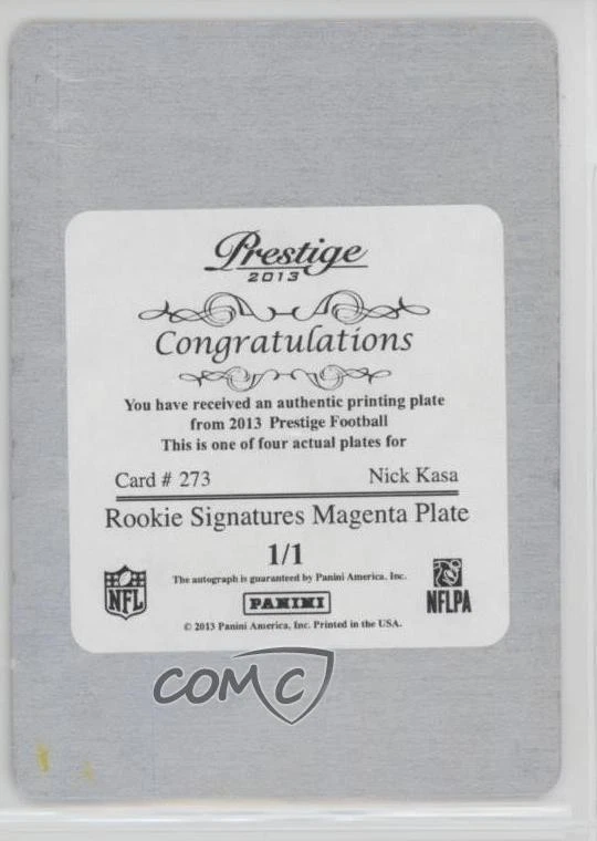 2013 Prestige Printing Plate Magenta Signatures 1/1 Nick Kasa Rookie Auto RC 3z8 - Image 2 of 3