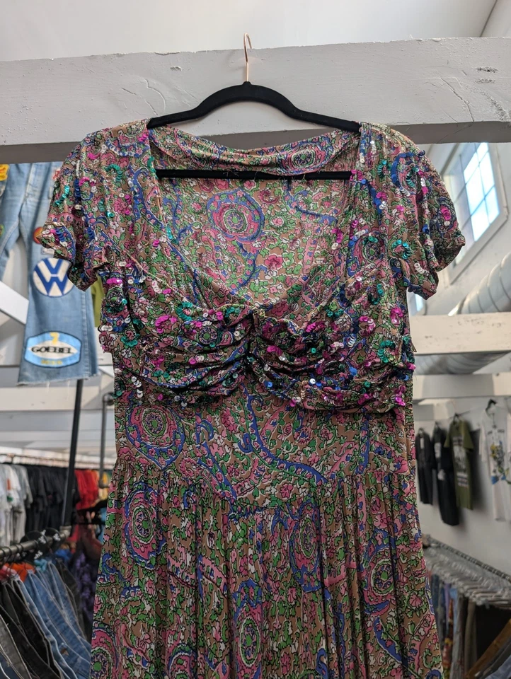 1940's Cold Rayon Pink Blue Floral Sequin Embellished Dress Side Zip Small - Image 2 of 4
