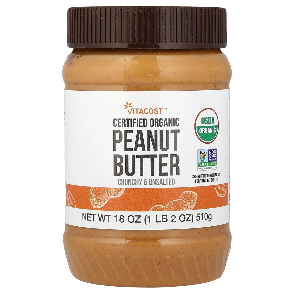 Certified Organic Peanut Butter, Crunchy & Unsalted, 18 oz (510 g)