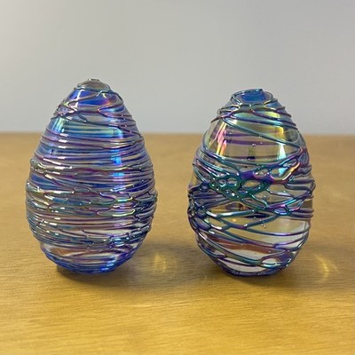 Set of 2 1992 Glass Eye Studio Iridescent Threaded Egg Paperweight * Signed GES