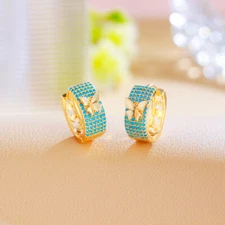 Lovely Gold Plated Pave Setting Turquoise Blue Butterfly Hoop Earrings for Lady