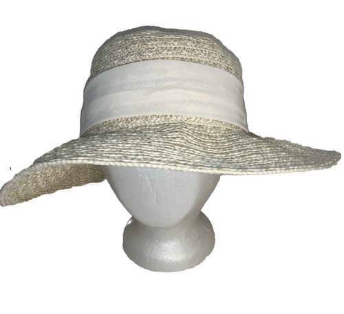 NINE WEST WOVEN NATURAL STRAW WIDE BRIM FLOPPY BEACH IVORY SUN HAT SCARF BOW - Picture 7 of 17