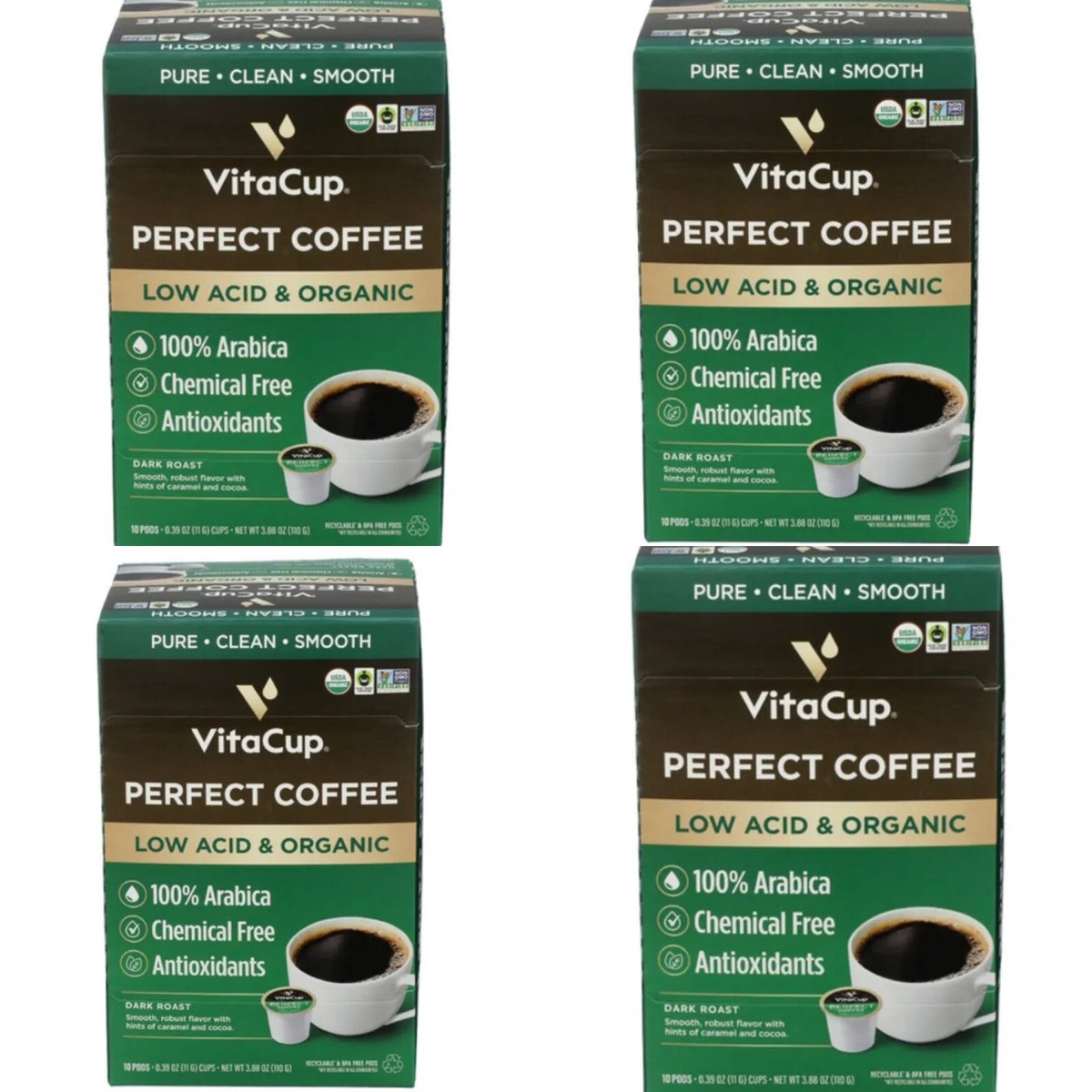VitaCup Low Acid Organic Perfect Coffee K Cups 10 ct oz X4 (40 Pods  Total)