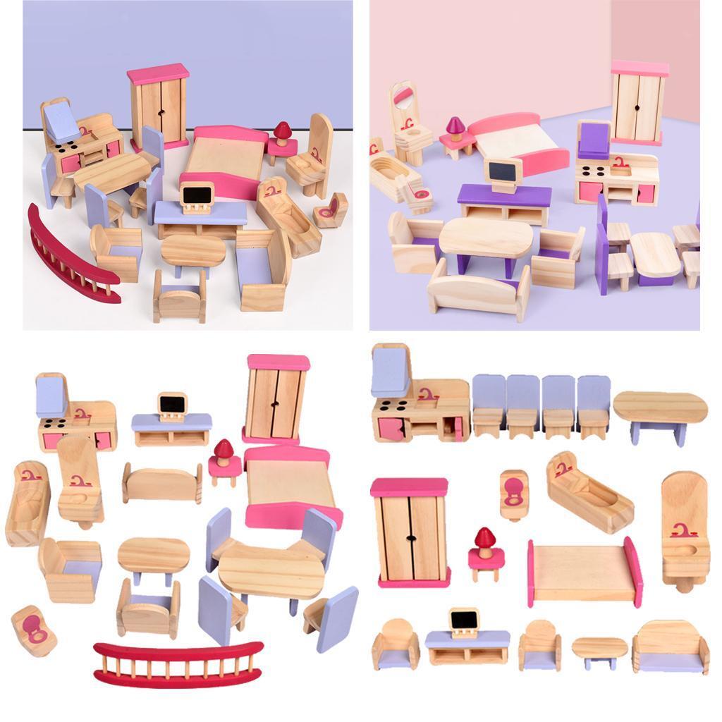 Retro 1/12 Scale Dollhouse Wood Chair Bed Furniture Kit for Living Room