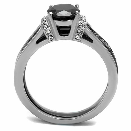 Couple Ring Set Womens Black Oval CZ Promise Ring Mens Bezel Set CZ Wedding Band - Picture 8 of 9
