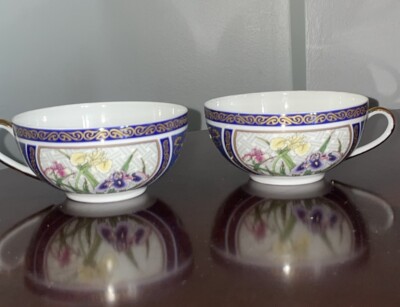 SET (2) YAMASEN JAPAN GOLD COLLECTION GEISHA FACE THIN FINE PORCELAIN CUP IRIS