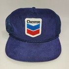 Chevron Gas Oil Vintage Snapback 1980s Hat Blue Mesh Back Corduroy Truckers Cap