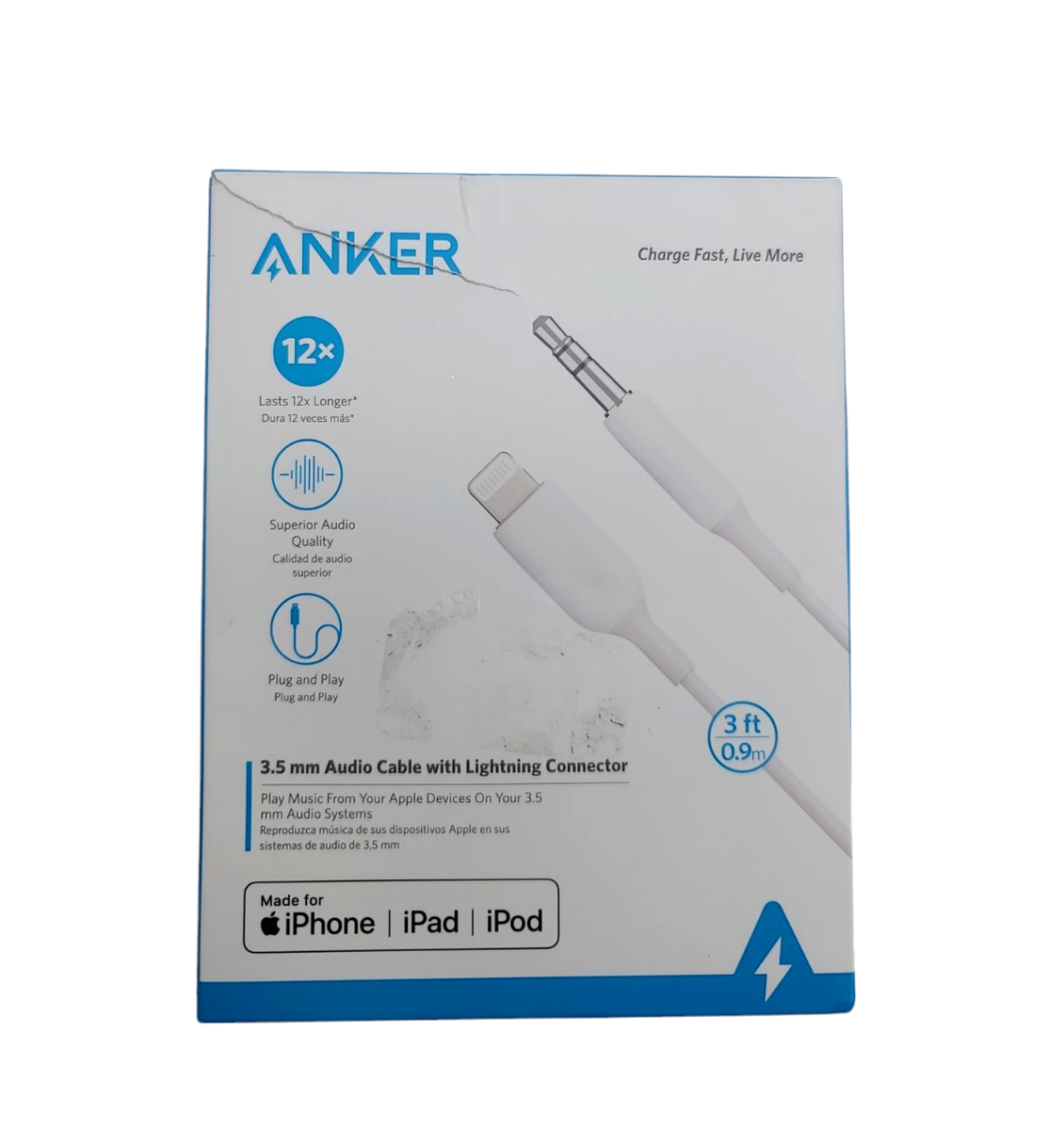 Anker 3' PowerLine Apple to Audio Aux Adapter White