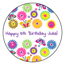 12 Butterflies and Flowers Birthday Party Stickers, labels, favors, tags, 2.5"