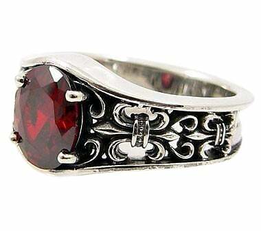 Red Garnet 925 Sterling Silver Band Ring Gothic Fleur De Lis New