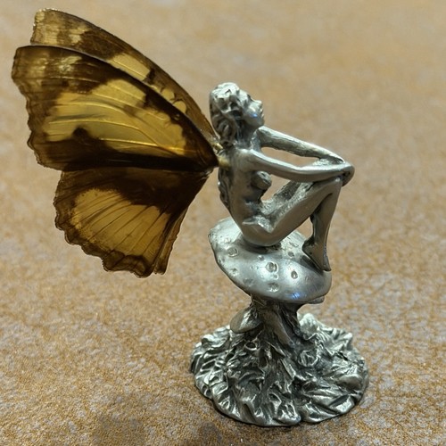 Handmade Fairy Figurine Real Butterfly Wings Pewter Mushroom Miniature 2.75”