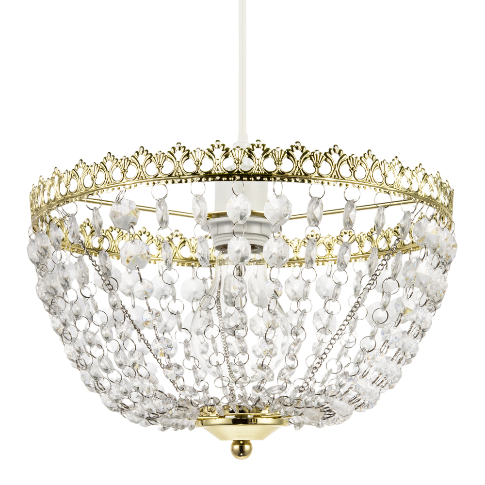Circular Crown Pendant Shade in Polished Gold with Clear Acrylic Beads by Hap...