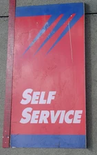 Vtg Red White & Blue Self Service Car Gas Station Metal Flange Sign Double Sided