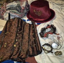 Steampunk Corset Halloween Costume Cosplay Garter Belt, Ring, Watch, Hat, Goggle