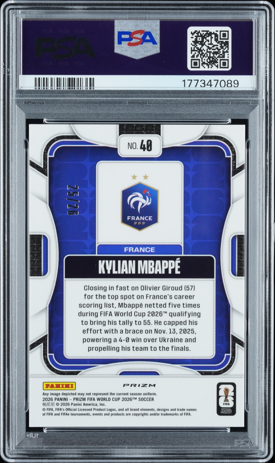 2026 PANINI PRIZM FIFA WORLD CUP 2026 MULTICOLOR PRIZM KYLIAN MBAPPE 25/26 PSA 9 view 2