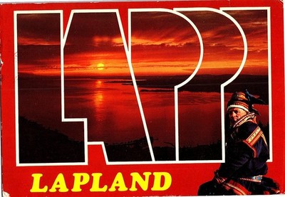 Lappi Lapland Finland Postcard Sunset & Traditional Dress Postcard
