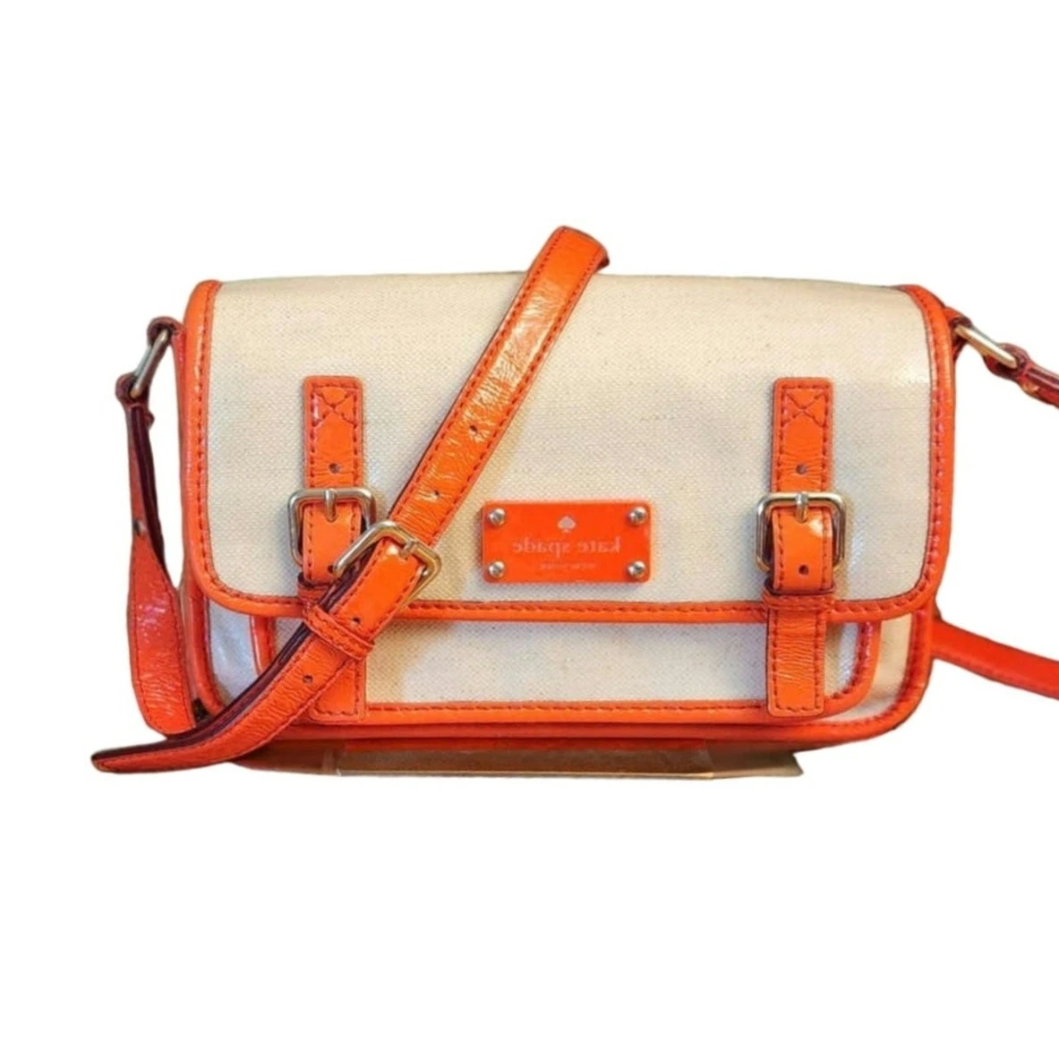 Tracolla vintage Kate Spade con patta in tela rivestita arancione fluo
