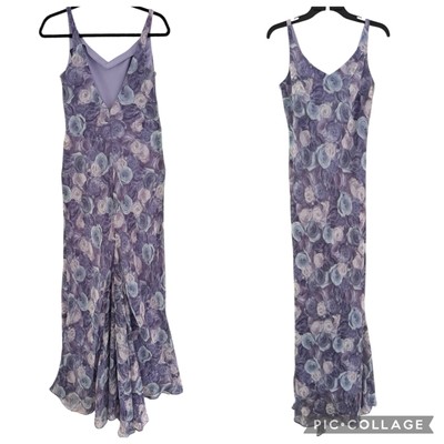 Zum Zum Niki Livas 11/12 Slip Dress Sheer Purple Rose Floral Maxi w/ Train Fairy