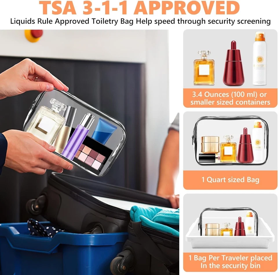 Paquete de 4 bolsas de aseo transparentes AURUZA, bolsa de maquillaje de viaje portátil con cremallera, TSA Foto 3 de 4