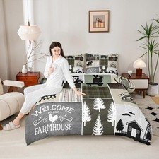 Rustic Farmhouse Kids Comforter Set Queen Size,Truck Horse Cow Animals Beddin...