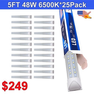 25 Pack 5 Ft T8 LED Light 48W 6500K 6200Lm Clear V Shaped Integrated Cooler Tube